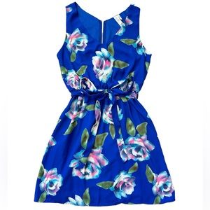 Blue Floral Sleeveless Tie-waist Mini Dress